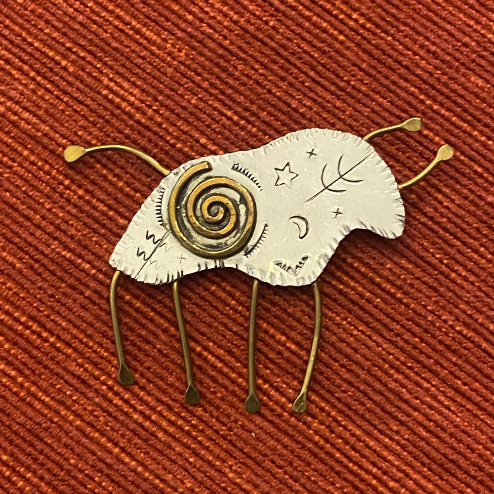 Vintage O. Miller Navajo Pin Brooch, Buffalo, Silver with Brass